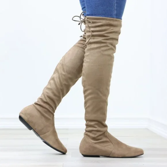 Taupe Thigh High Over The Knee Flat Boots Faux Suede - Picture 15 of 15